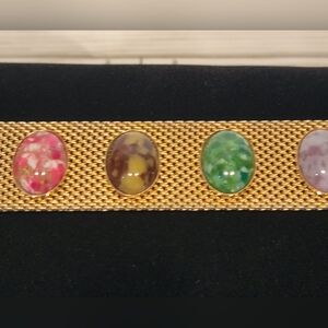 Vintage Sarah Coventry Gold Tone Bracelet Multi Color Cabochon Confetti Panel